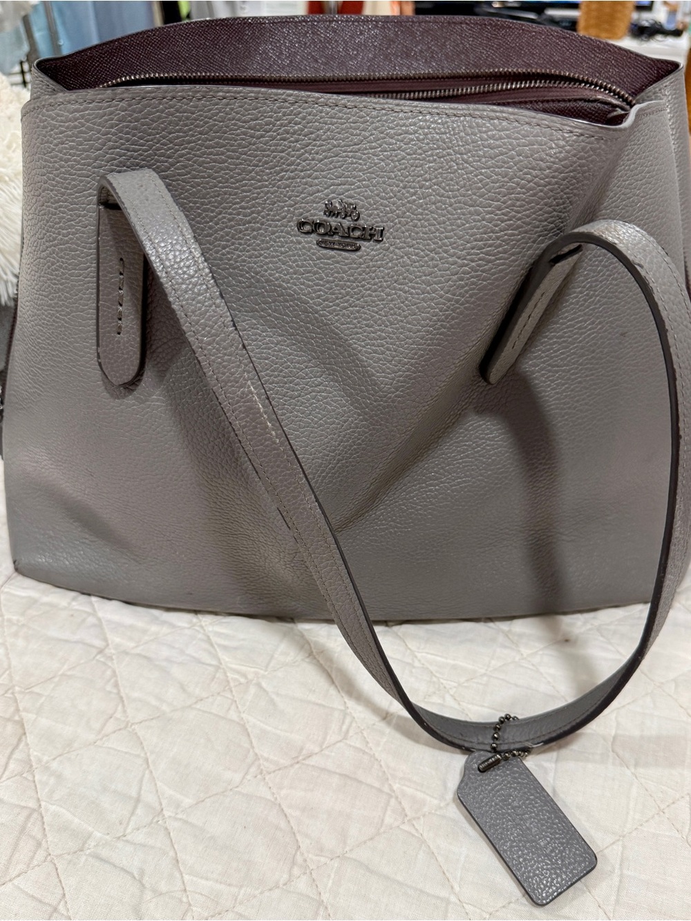 Coach Pebbled Leather Tote in Grey with Deep Berry Lining
